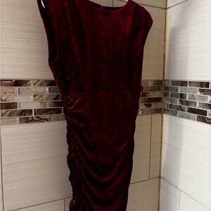 Guess Deep Burgundy Velvet Midi Dress with Side Ruching